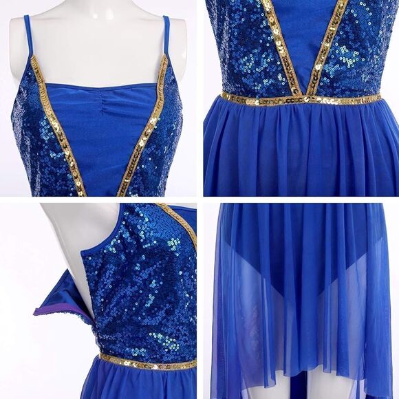 Shiny Sequin Spaghetti Strap blue XS High Low Mesh Tulle Dance Dress Modern Cont - Picture 6 of 10